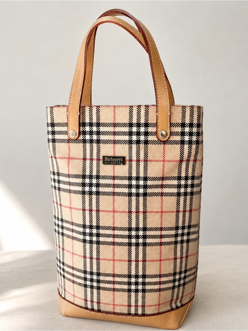 ✨Burberrys Blue Label Vertical Nova Check Tote Bag Beige Leather Trim Japan